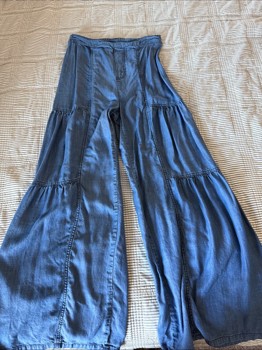 Current Air Wide-Leg Tiered Denim Jumpsuit Pants - Blue